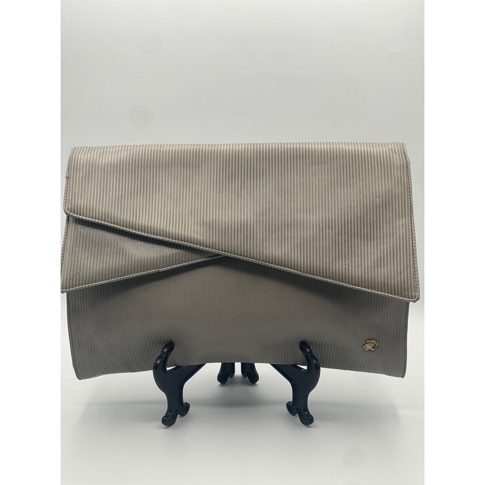 Bagheera Italian Leather Clutch Bag Large Grey Ribbed Logo Formal Retro Luxury
